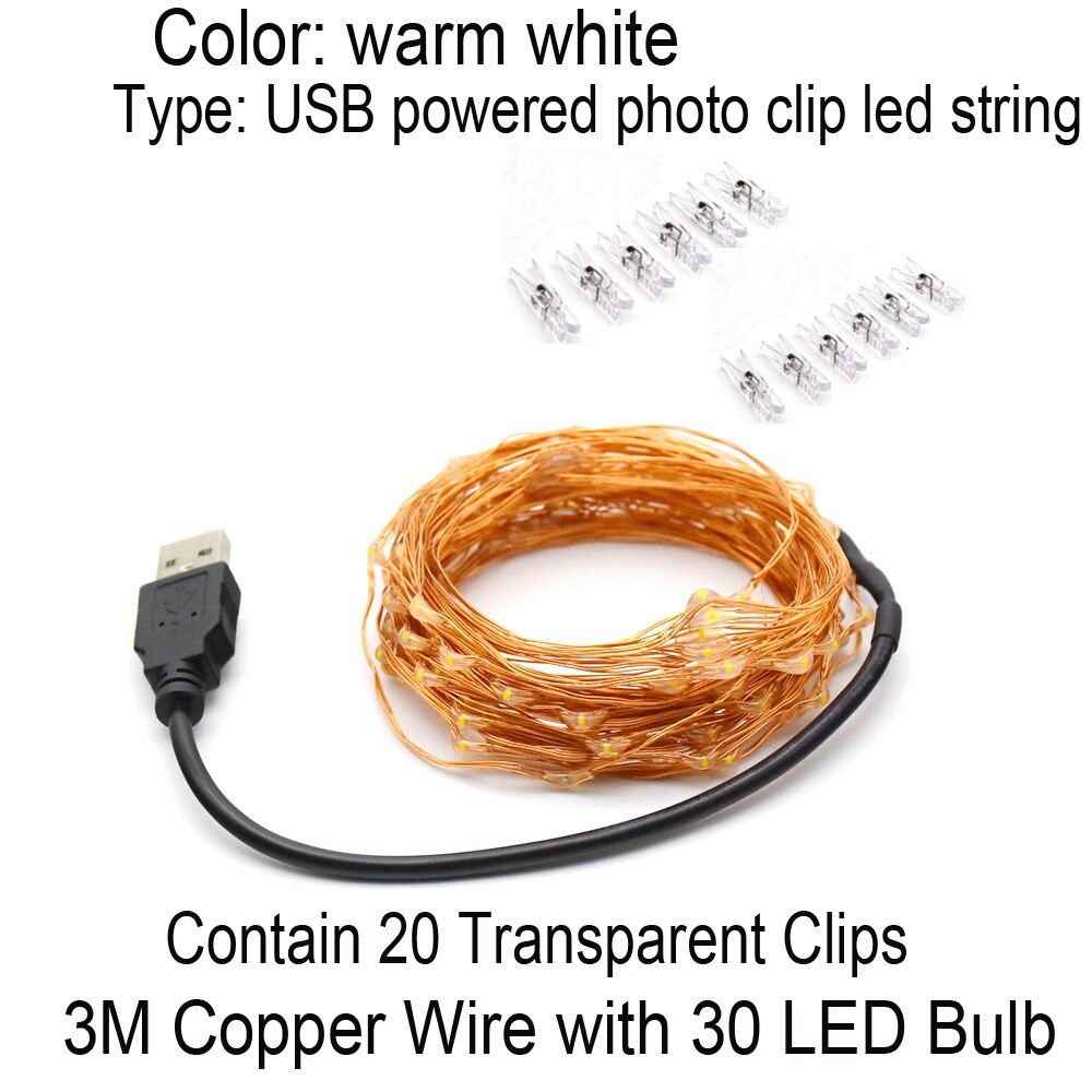 Garland Led 3M 5M 10M USB LED Light Strings Xmas Fairy Light for Photo Clip String Lights Battery Powered Indoor Outdoor Wedding: 3m USB - 20clips