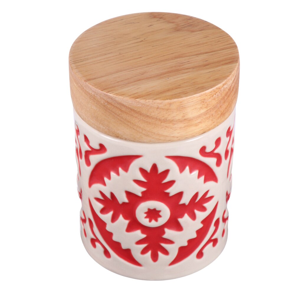 Ceramic Grain Canister Food Kitchen Sealed Storage Container Empty Storage Jar Dried Fruit Jar with Wooden Lid (Red): Red