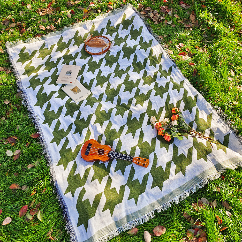 Nueva estera de Picnic a cuadros bohemia, manta para acampar en interiores y exteriores, tela de Picnic de punto portátil, funda para sofá, mantas para tienda: Queen / Azul cielo