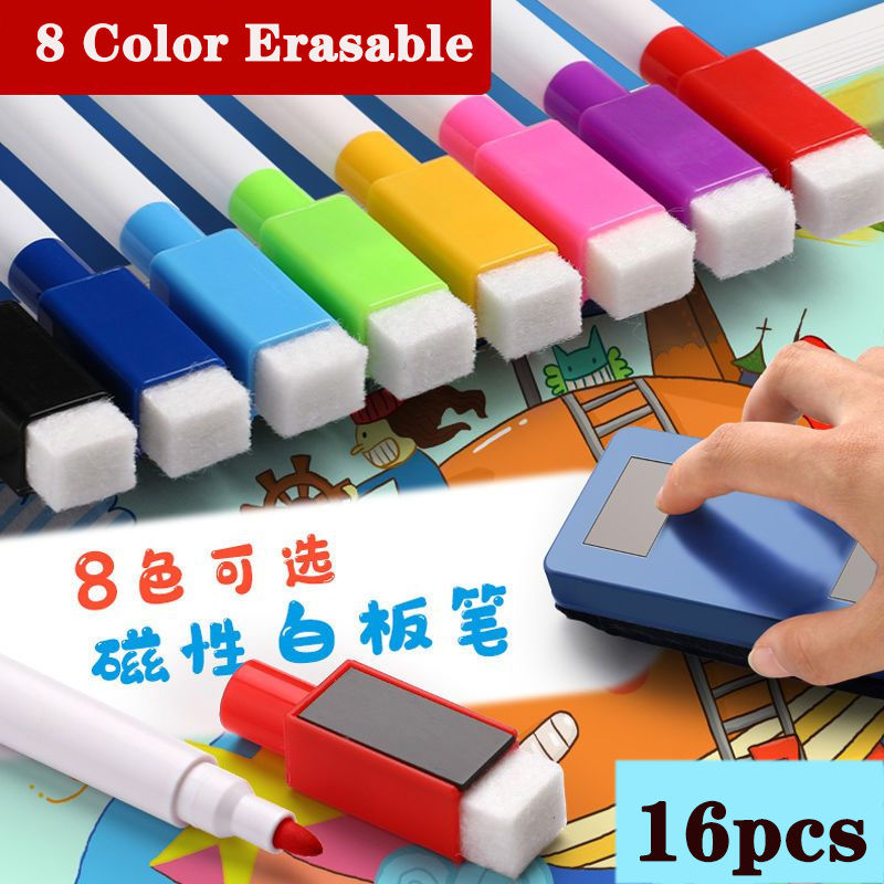 16 stuks 8 kleuren kinderwhiteboardpen leraren en studenten magnetisch absorbeerbaar whiteboard kleurrijke grote capaciteit borstel