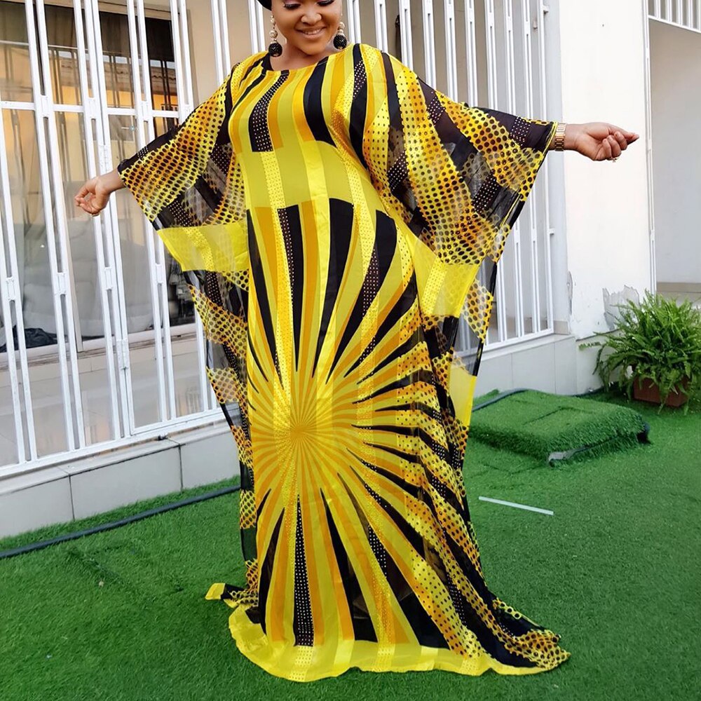 neue Gelb Großen Sommer Chiffon Kleid Afrikanische Frauen dashiki Punkt Plus Größe Vestidos 2 einstellen Kleid Africaine Femme kleidung