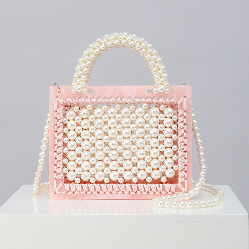 Luxury Acrylic Pearl Evening Clutch Bags Women Handmade Beaded Clear Purses And Handbags Ladies Woven Shoulder Bag Wedding Party: Model A Pink