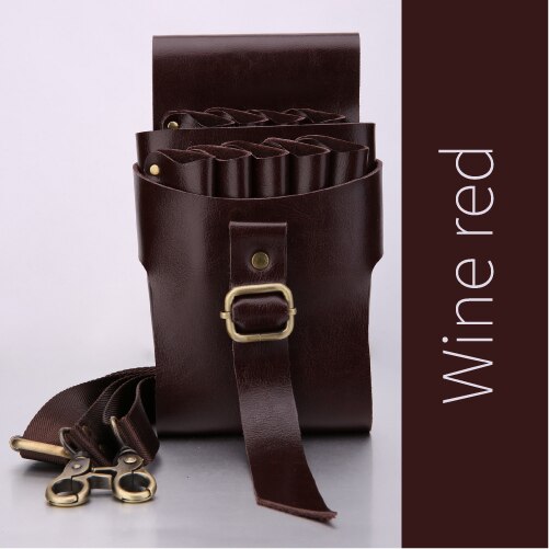 Fenicehigh gesp retro leren etui kapperssalon holster tas stylingtools tas voor 9 haarscharen: Wijnrood
