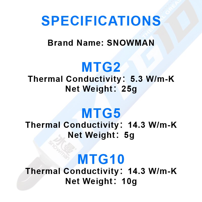 SNOWMAN – Pâte thermique de refroidissement VGA GPU composé, graisse pour AMD Intel avec refroidisseur du processeur pour ordinateur, ventilateur, dissipateur, plâtre de 14.3 W/mk