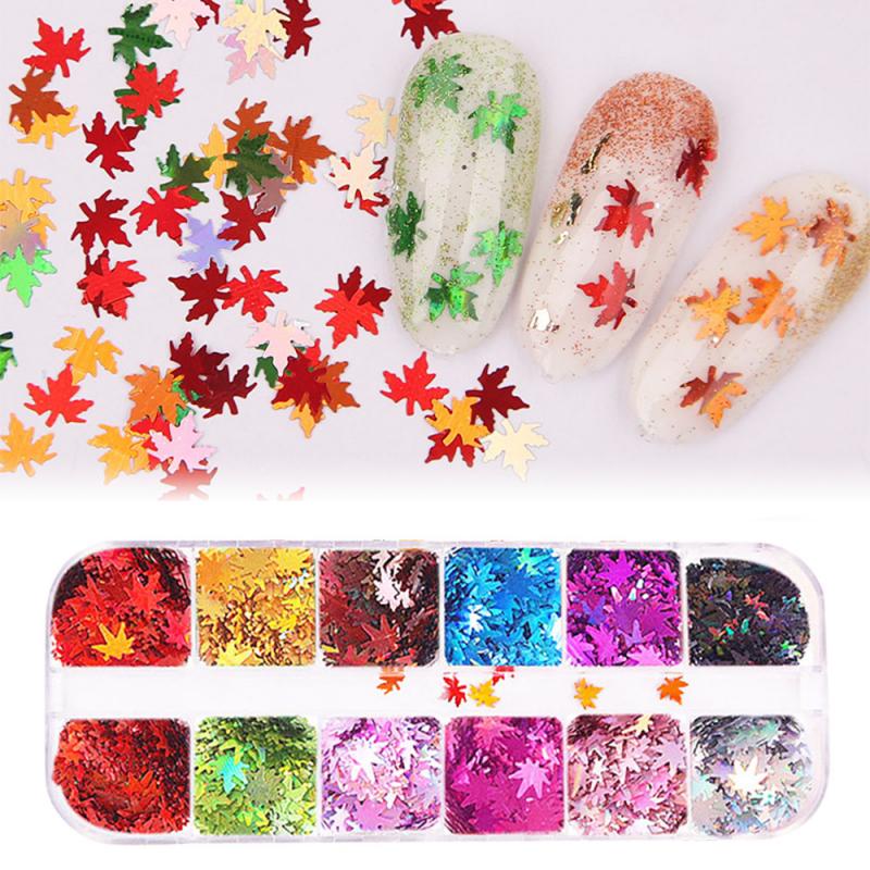 #12 Kleur/Set Nail Maple Leaf Sequin Nail Pailletten nail art Manicure Schoonheid