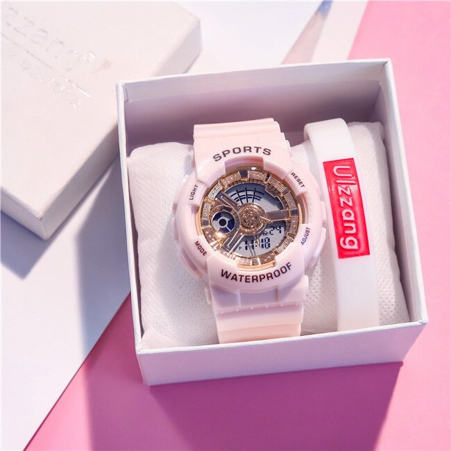 Unieke dameshorloges, wit dames sporthorloge, waterdicht, dual time led digitaal horloge voor meisjes en jongens, trendy: Roze goud goud