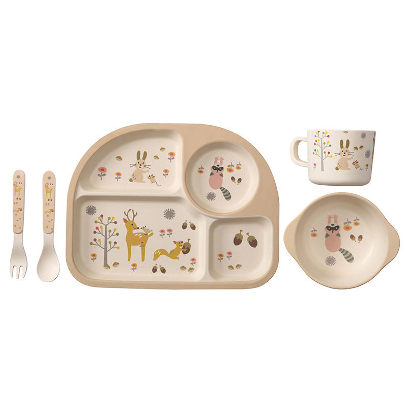Cubertería de cuatro platos para niños de fibra de bambú, cubertería portátil con dibujos bonitos para bebé, tenedor, vajilla para bebé: A