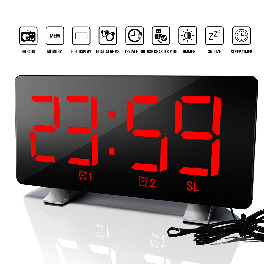 Electronic Alarm Clock Noiseless Digital LED Large Display Mirror Power Off Memory Function AAA Not Batteries Glow Clock: Green