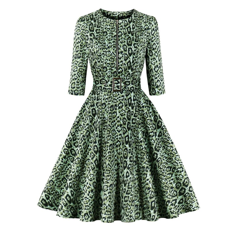 Tonval lynlås foran leopardprint rockabilly kvinder vintage kjole 3/4- lange ærmer efterår bomuldskjoler med bælte: Grøn / L
