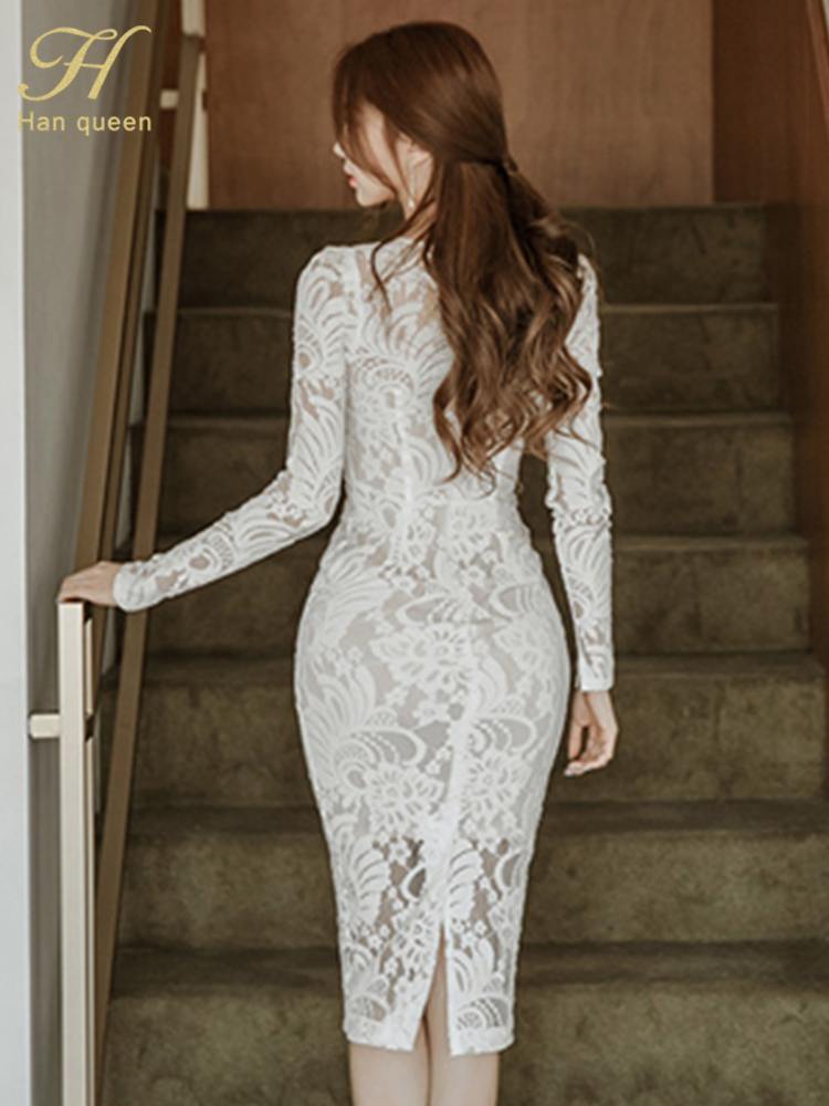 Han queen blonde blyantkjole kvinder hule ud sheath bodycon kjoler hvid mid-layer slim ol arbejde fest vestidos