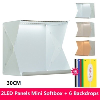 Boîte à lumière LED 40CM, Mini Studio de photographie Portable, Kit de fond et 6 arrière-plans de couleurs, boîte à lumière USB pour téléphone DSLR: 30CM 2LED Panels-6PC