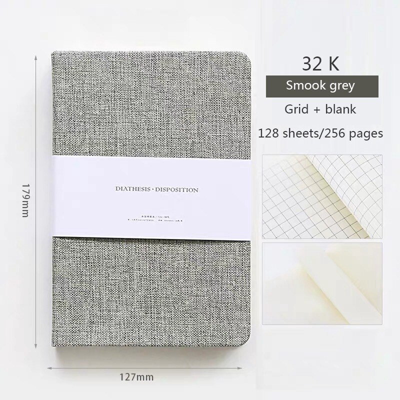 Blank and Grid Paper Notebook Linen Hard Cover 256 Pages Bullet 80 GSM Journal Planner Office School Supplies Stationery: Smoke gray-32k