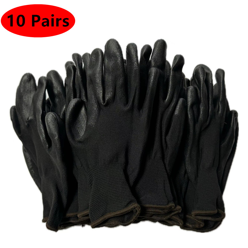 20 piezas/10 pares de guantes de poliuretano, guantes de trabajo de seguridad, guantes de reparación, guantes recubiertos de palma, suministros para carpinteros y reparadores: Negro / L
