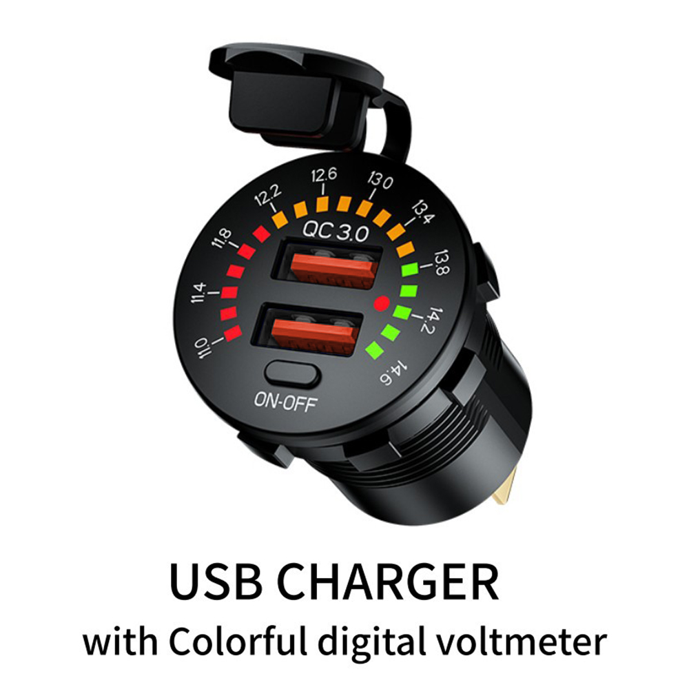 Cargador de coche USB Dual QC 3,0, 36W, 12V, 24V, salida PD impermeable, carga rápida con voltímetro LED, interruptor de encendido y apagado, accesorios para coche