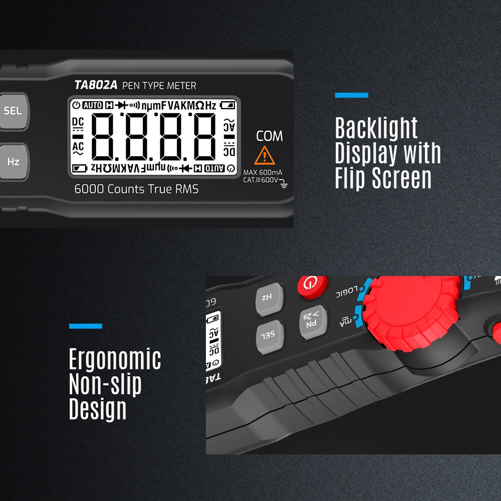 Tasi TA802A/TA802B Handheld 6000 Telt Digitale Multimeter Pen Voor Meten Dc/Ac True Rms Spanning Stroom Capaciteit meter