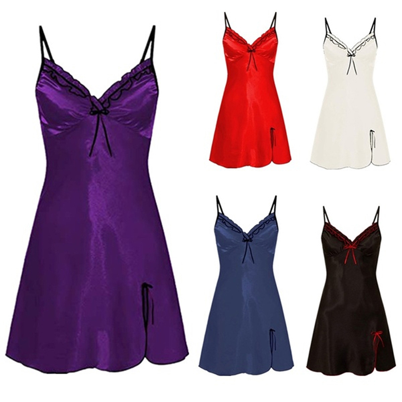 Dames nachtkleding met kanten bandjes, sexy nachtjurk met v-hals, sexy nachtjurk met vetersluiting en bloemenuitsnijding, zijdezachte, comfortabele nachtkleding
