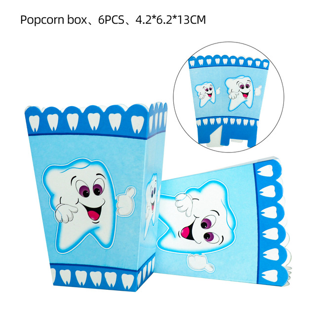 1set Boy/Girl My First Tooth Party Decor Supplies Disposable Tableware Paper Plates Cups DIY Baby Shower Birthday Tooth Balloon: Popcorn box 6pcs