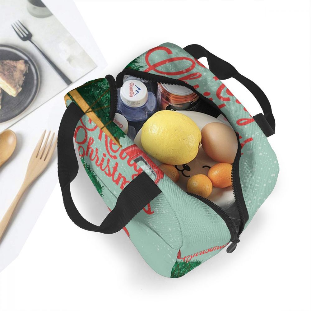 Merry Christmas Red Truck With Tree Lunch Bag Portable Insulated Thermal Cooler Bento Lunch Box Tote Picnic Storage Bag Pouch