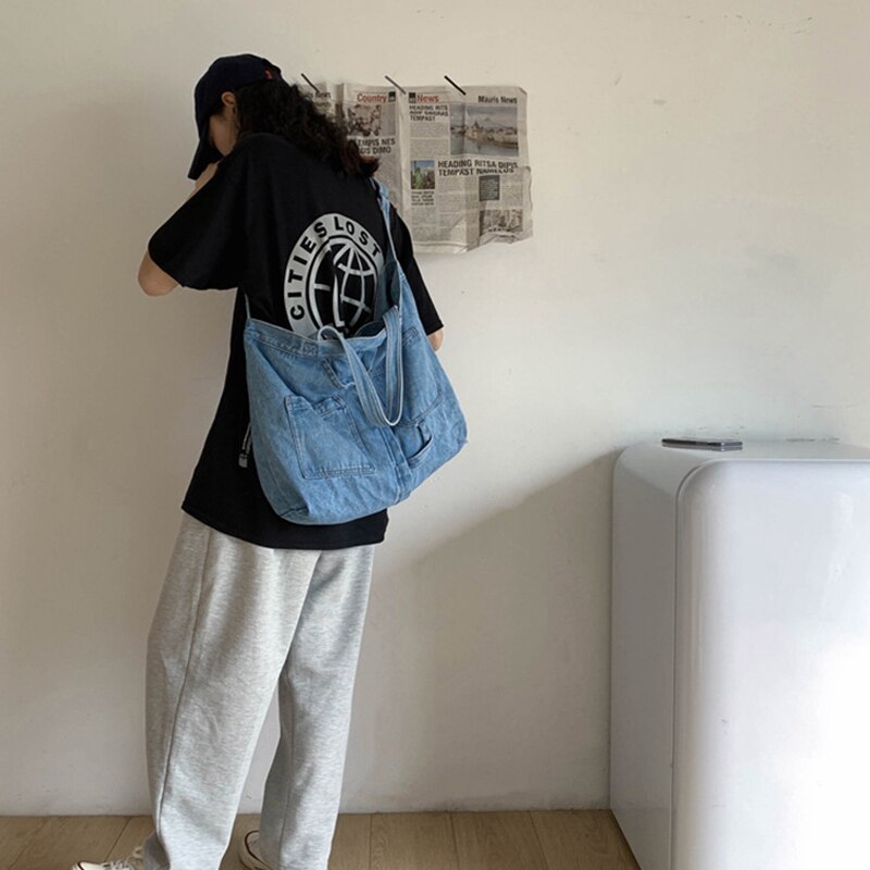 Nova rede vermelho denim bolsa de ombro mensageiro casual selvagem portátil sacola de compras lona bolsa feminina azul marinho