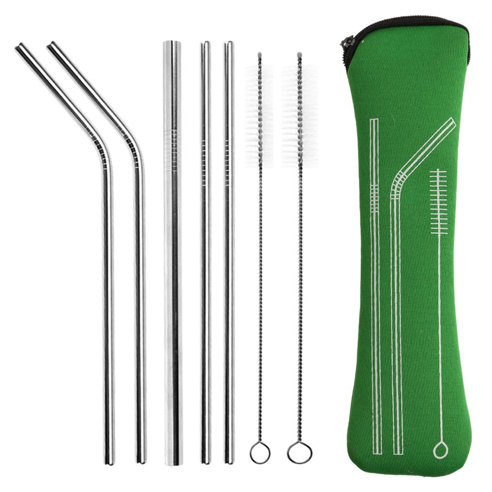Reusable 304 Stainless Steel Sturdy Bent Straight Metal Drinking Straws with Cleaning Brush Portable Bar Party Accessory Healthy: Green