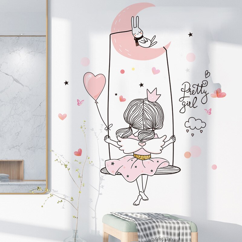 [SHIJUEHEZI] Cartoon Girl Moon Wall Stickers Vinyl... – Vicedeal