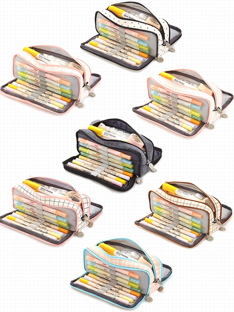 Blyantpose stationær kawaii multirum penalhus 3 lynlåse blyantposetaske firkantet gitter kosmetiske tasker arrangør