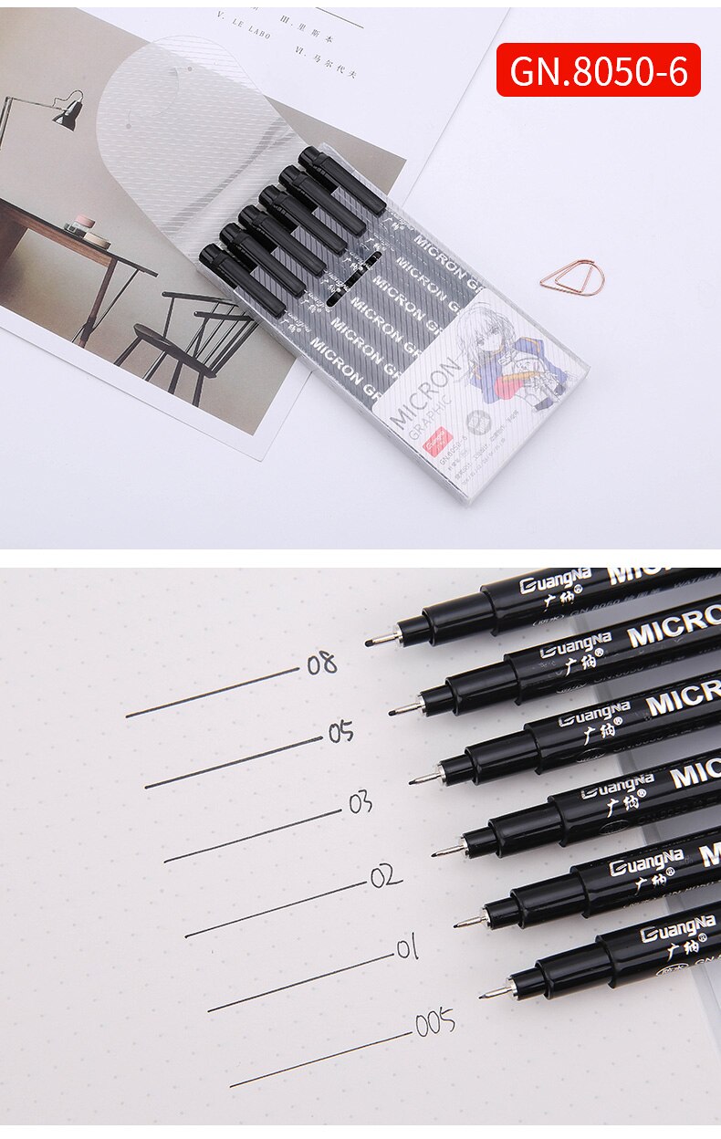 12 størrelser sort pigma micron pen vandtæt håndtegnet skitse nålepen hånd dawing liner fineliner tegneserie signatur pen: 6 stk sæt