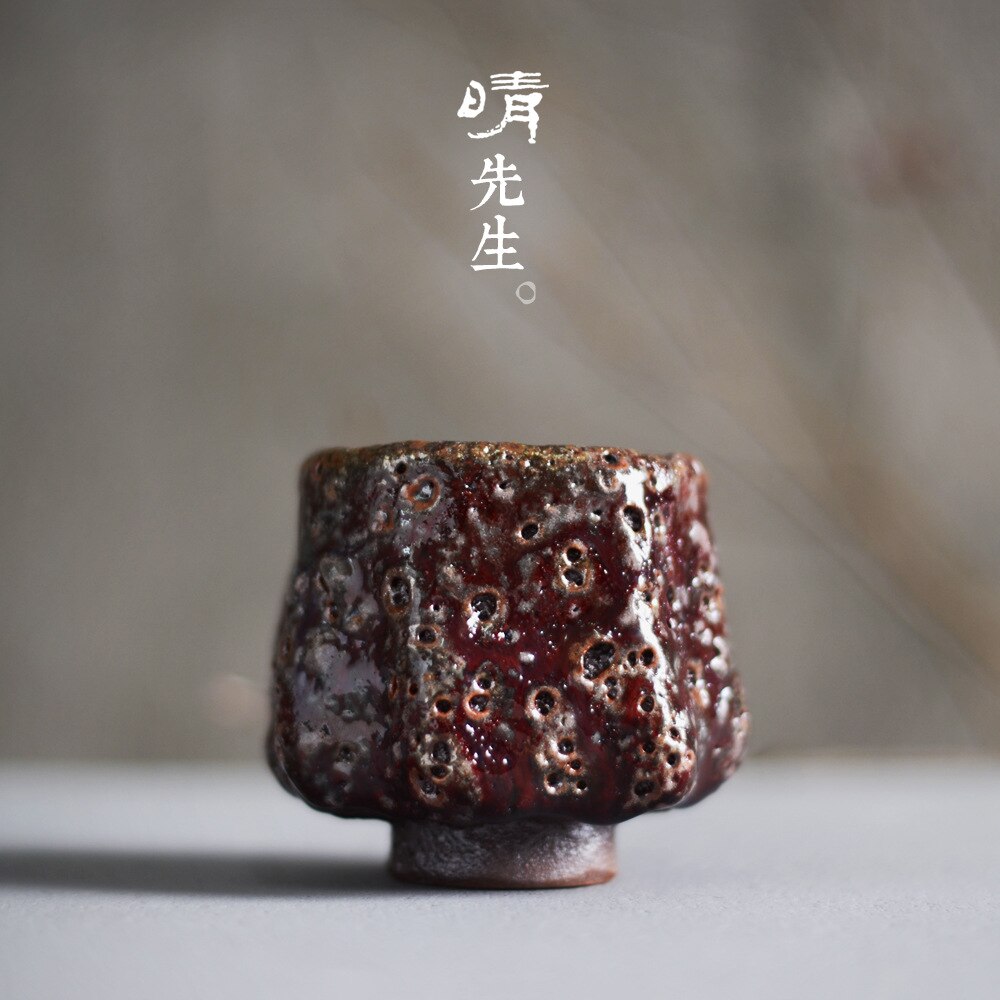 Jingdezhen ren handgjord lava röd låga liten teskål mal zhiye brinnande japansk mästarkopp gammal sten lera tekopp