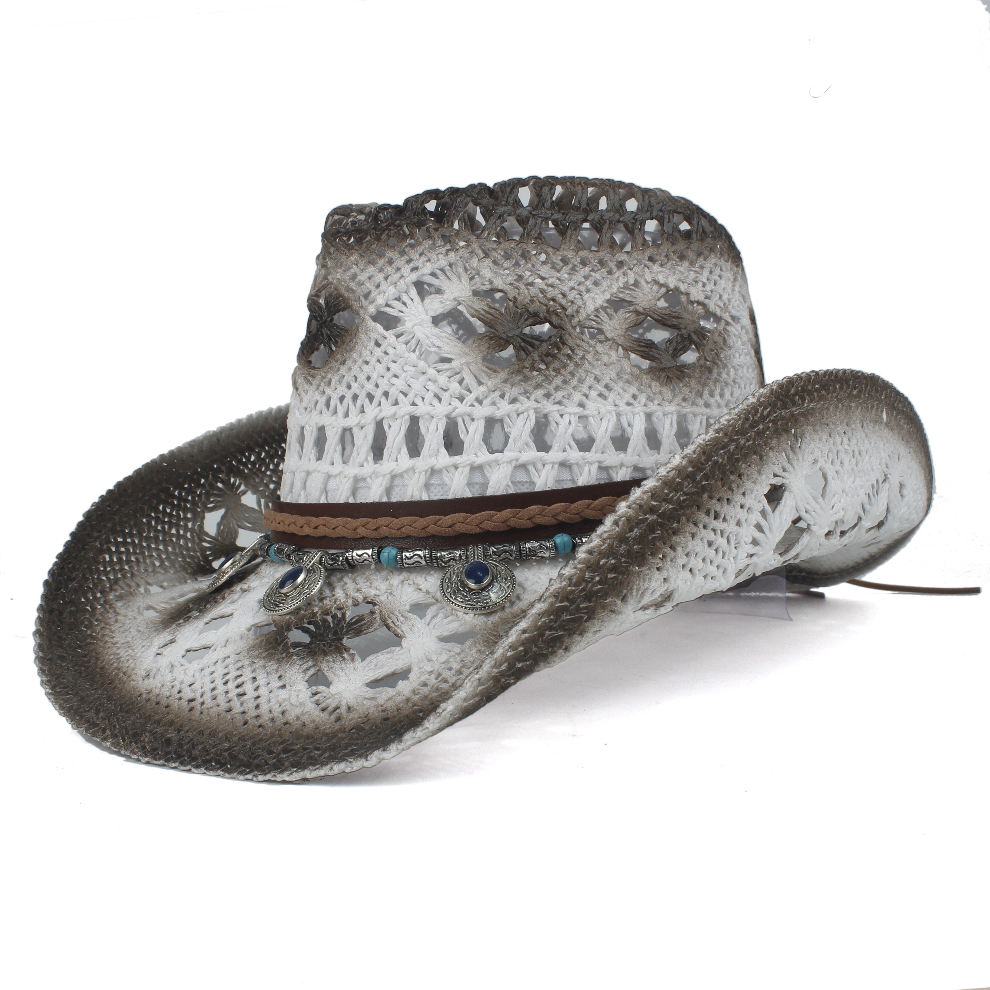 Handmade Böhmen Quaste Frauen Stroh Hohl Western Cowboy Hut Dame Sombrero Hombre Strand Cowgirl Jazz Sonnenhut Größe 56- 58 CM: White