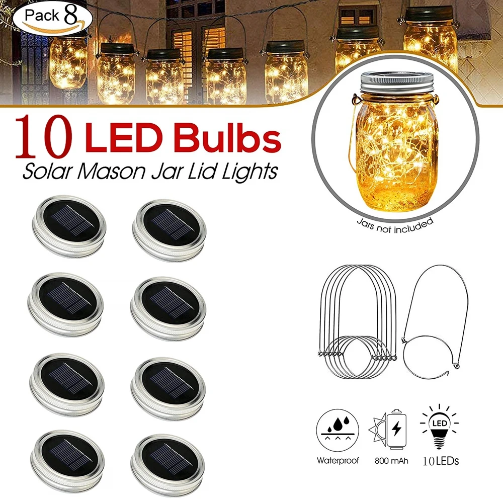 Solar--Einmachglas-Lichter mit 8 Griffen, 10 LED-Lichterketten, Feen-Solarlichter, Deckel, Glas-Dekoration, Garten, Party, Weihnachtsdekoration