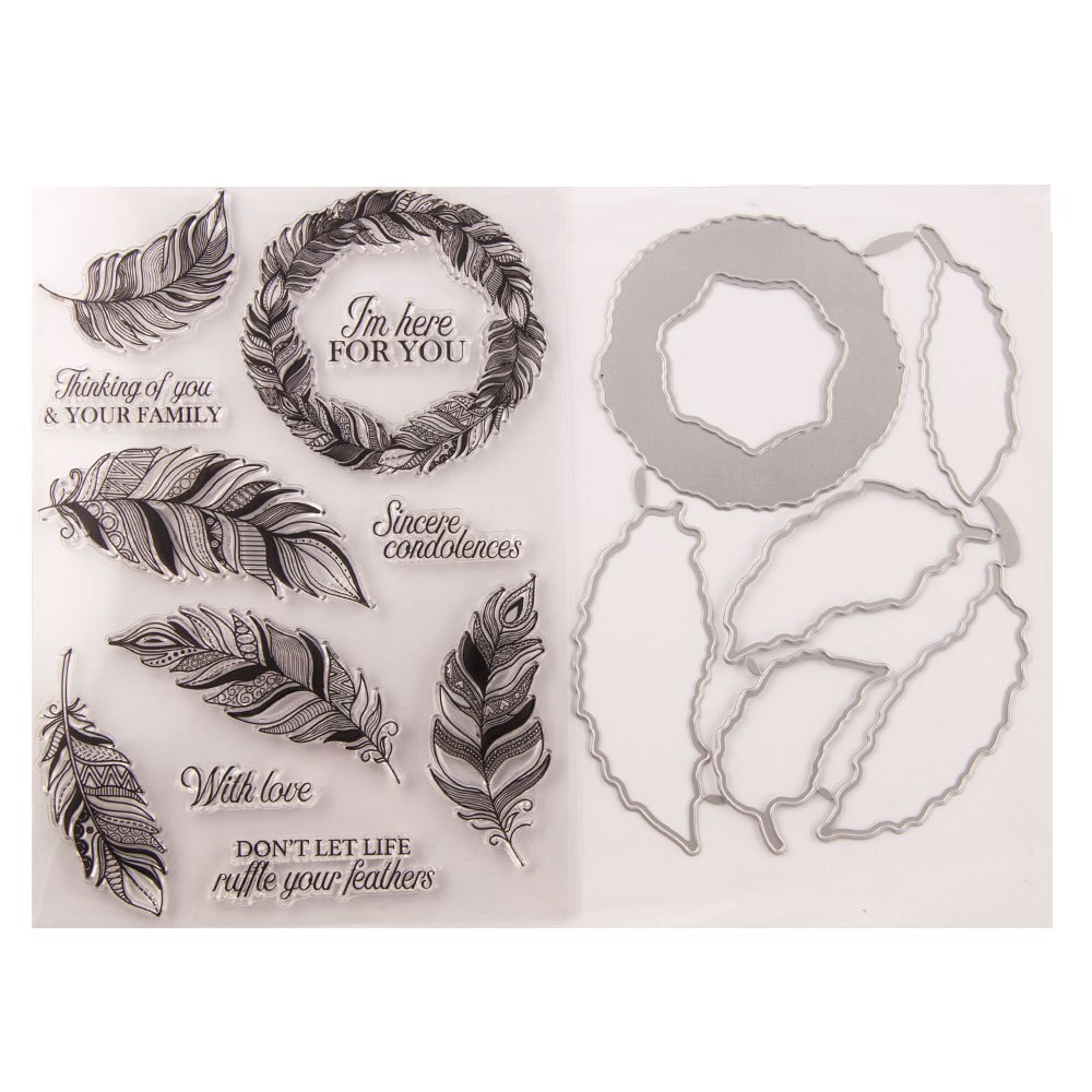 Wyse stämpel och stansar set fjäder klara stämplar krans metall skär stansar för diy scrapbooking stämpel med stansverktyg