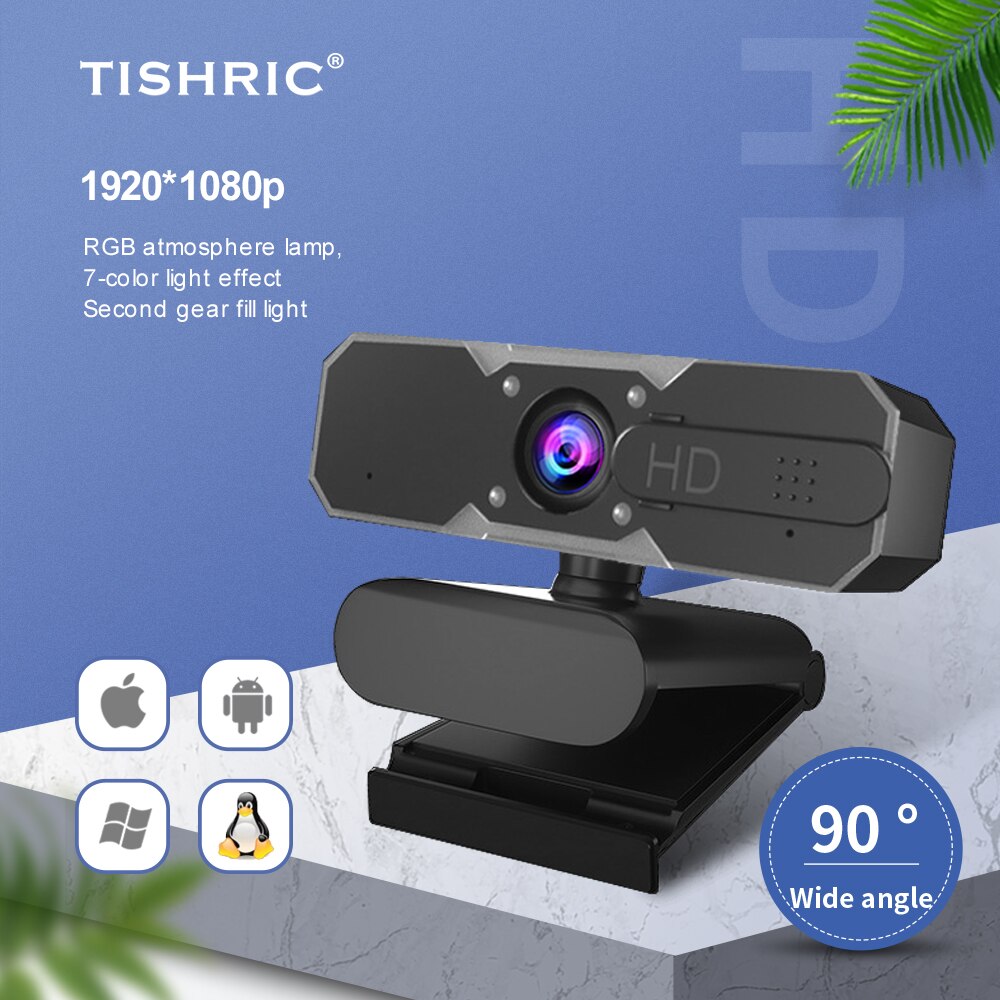 TISHRIC Fill Light Camera Live Game USB Camera RGB Atmosphere Lamp Web Camera with Microphone 1080P Webcam Autofocus Web Cam