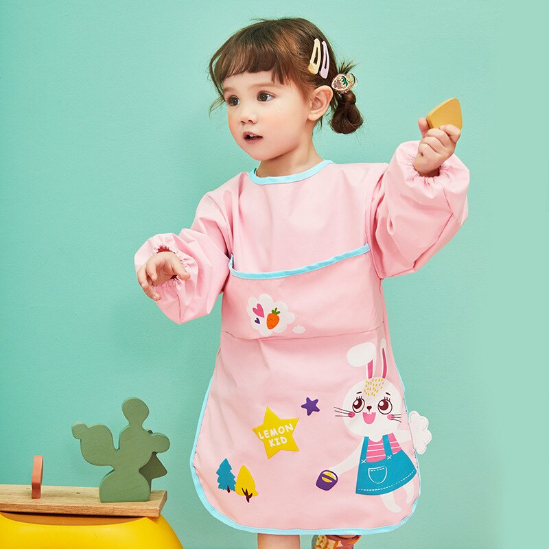 Baberos adorables para bebé, delantal impermeable de manga larga, bata babero de alimentación para niños, ropa de eructo, ropa suave para comer, Baberos Bavoir: Pink rabbit / Height 91-105 cm