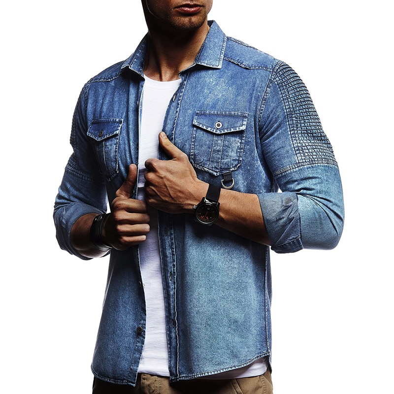 Jeansskjorta herr långärmade skjortor för män casual jeansskjorta slim fit enkelknäppt herr camisa masculina mls 11