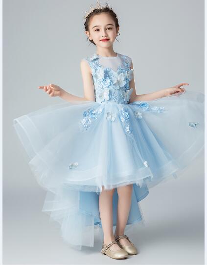 Cielo azul tul niñas apliques vestido de flor niña vestido para boda niños traje de desfile princesa vestidos de primera comunión: 12 meses