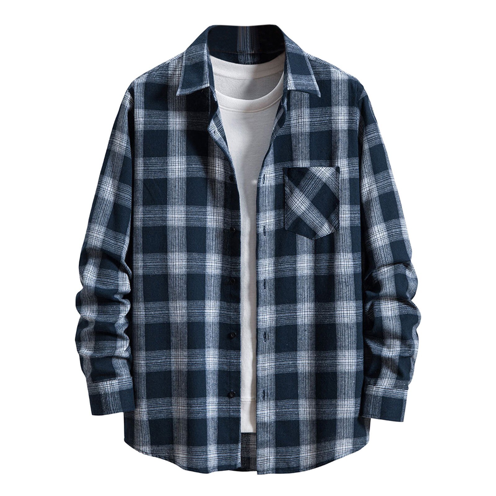 Camisa informal a cuadros para hombre, abrigo Vintage de manga larga con botones y cuello de solapa, con bolsillo, ropa de calle Retro, para otoño: Azul / XL