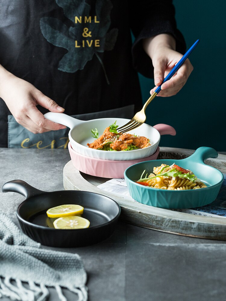 European Ceramic Handle Plate Matte Western Steak Pasta Plates Porcelain Fruit Salad Pizza Bakeware Dishes Food Tray Dinnerware