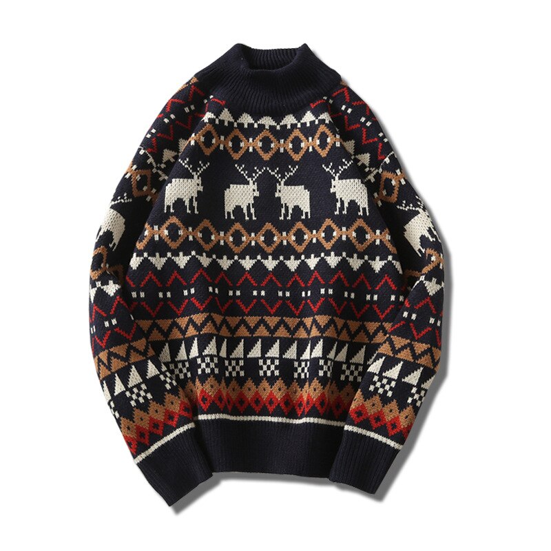 Männer halbe hohe kragen zur Seite fahren Hirsch drucken herbst frühling Weihnachten zur Seite fahren gestrickte zur Seite fahren zur Seite fahren schlank passen für männer kleidung: Marine Blau / asiatisch Größe M