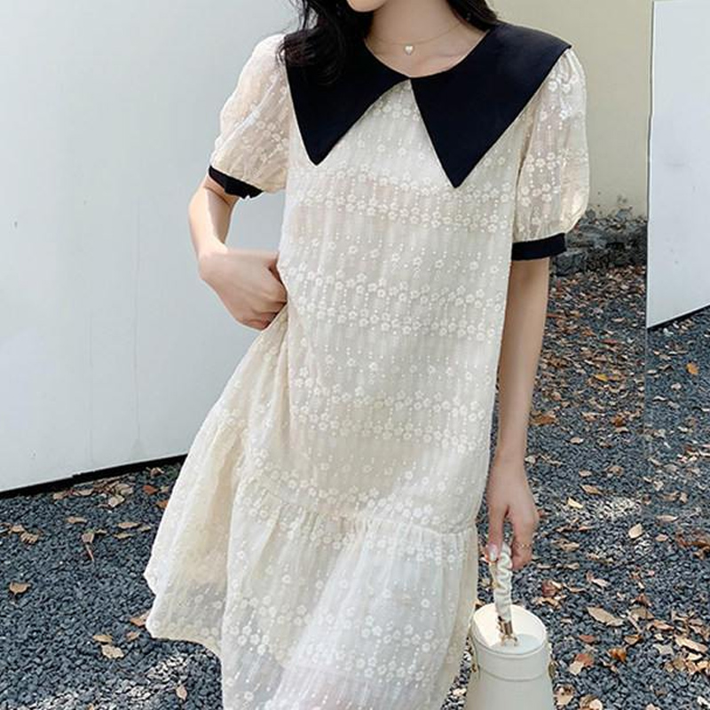 Vestido de encaje con cuello de muñeca de estilo francés para mujer, falda acampanada de manga corta con retazos de Color sólido, novedad de 2023