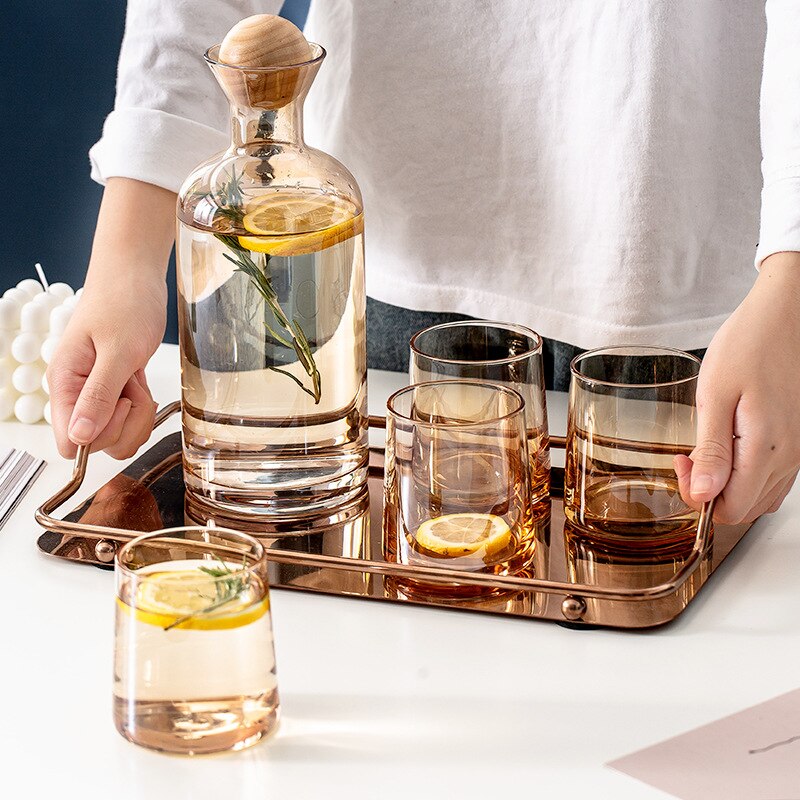 1200ML Amber Water Kettle Set and Cool Kettle Household Tea Kettle Cups Water Jug Crystal Glass Water Pitcher Glass Bottle