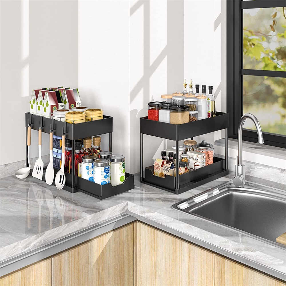 Küche unter der Spüle, Organizer, Aufbewahrungsregal, 2-stufiger Shampoo-Reinigungsmittelschrank, Gewürzregal, Badezimmer-Kosmetik-Aufbewahrung