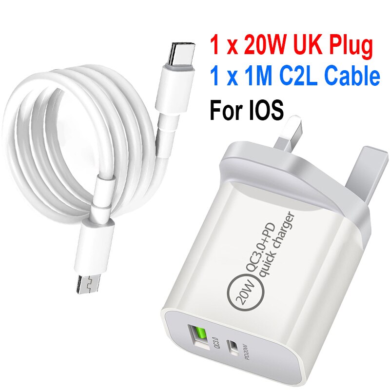 PD20W + QC3.0 caricabatterie a ricarica rapida per IPhone13 12 caricabatterie a doppia porta IPhone 12 11 Pro XR XS Max 6 7 8 IPad Huawei Xiaomi Samsung: UK C2L