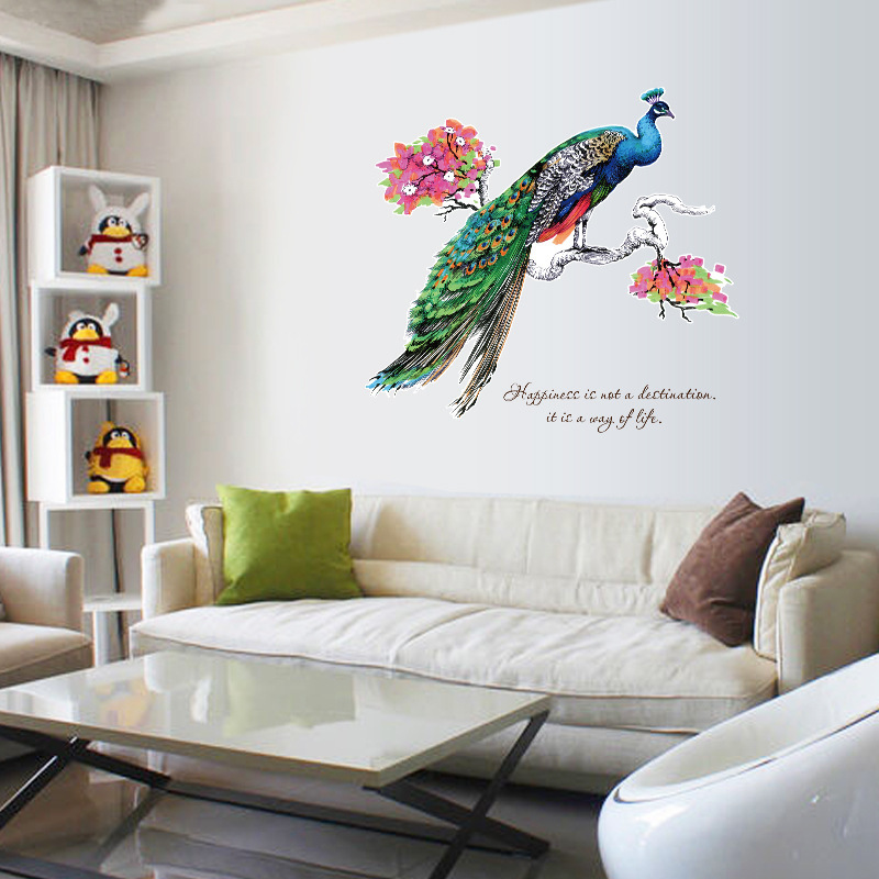 Farverig påfugl på en trægren wallstickers stue soveværelse dekoration baggrund vægmaleri kunst decals aftagelige klistermærker