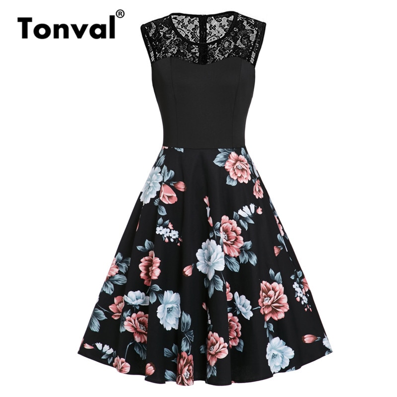 Tonval Black Floral Print Contrast Lace Sweetheart Dress Women Sleeveless A Line Party Skater Vintage Dresses