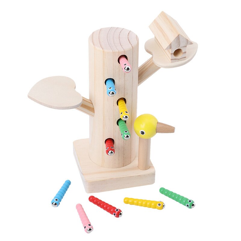 Baby Montessori Education Wooden Toys Kids 3D Matching Puzzle Magnetic Stick Strawberry Catch Worm Fishing Interactive Math Toys: bird tf348