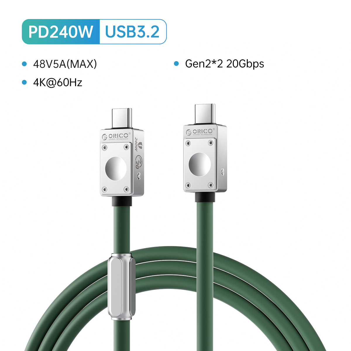 ORICO Cable USB4 240W Cable de silicona PD USB C línea de datos Cable de carga rápida Thunderbolt 3 8K para tableta portátil Samsung MacBook: Verde militar / 1,5 m
