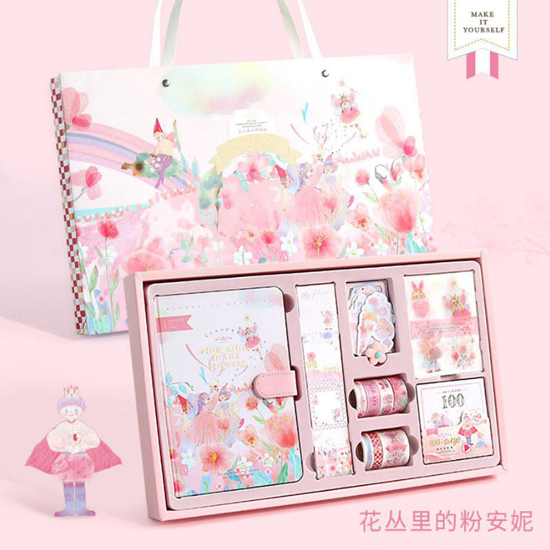 Juego de diario con temática de cuento de hadas, caja de para niña, libro de conteo de dibujos animados, Bloc de notas, cuaderno, caja de: Purple with handbag