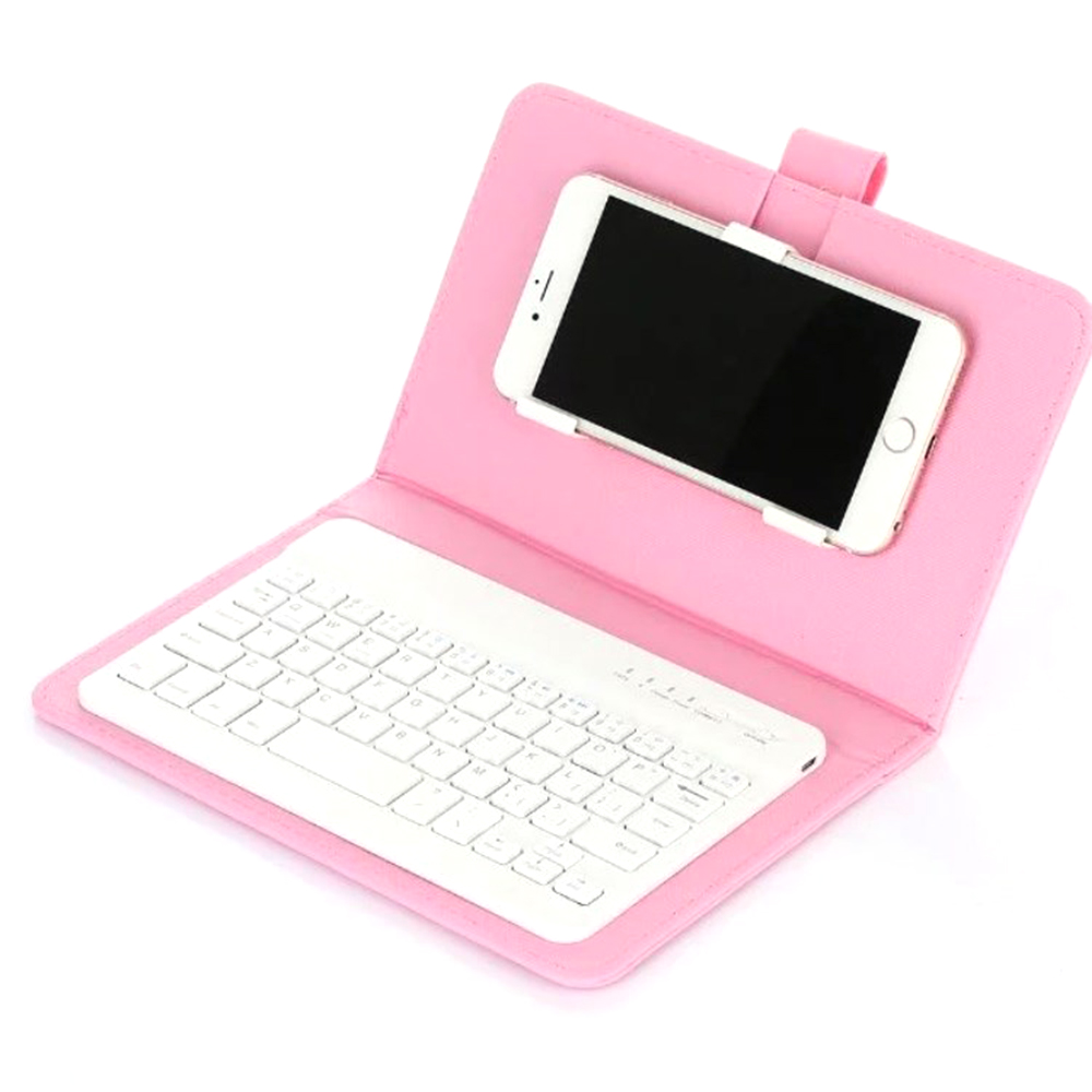Étui clavier et souris bluetooth pour téléphone portable 4.5-6.8 pouces, en cuir pu, sans fil, pour iphone et android: Rose