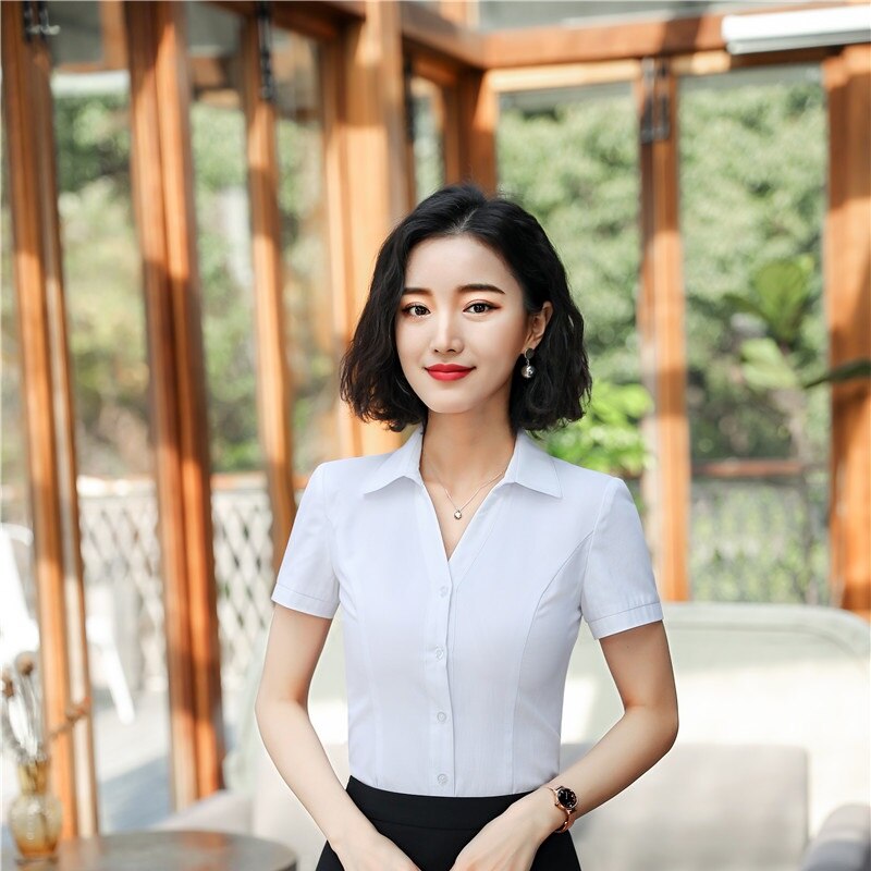 White Summer Short Sleeve Blouses & Shirts For Women Business Work Wear Blouse Female Tops Clothes Uniform Styles