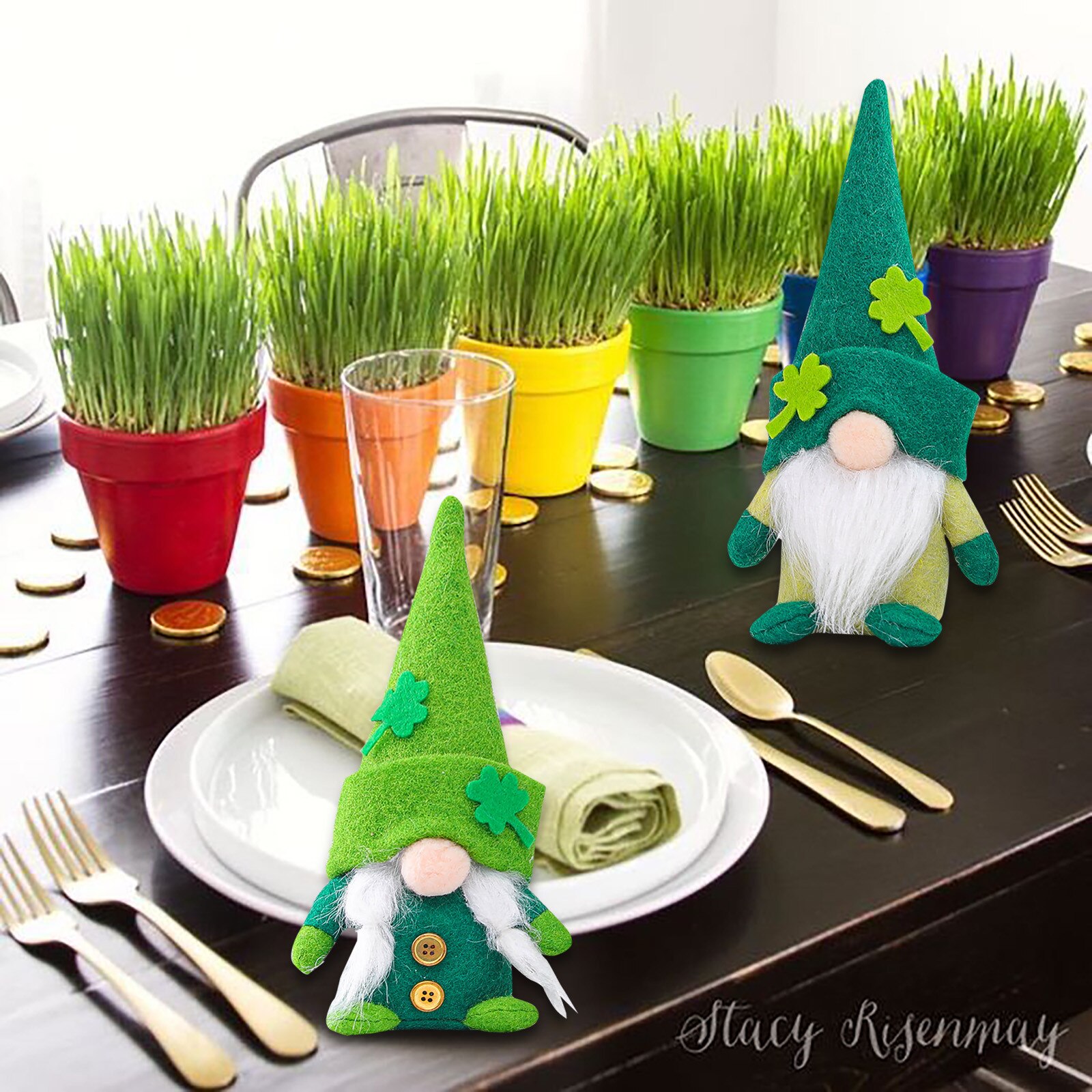 Set of 2 Irish Leprechaun Desktop Decoration Green hat faceless doll Home Decorations